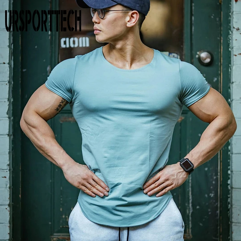 

URSPORTTECH Cotton Men's T-shirt Fitness Workout Male Bodybuilding Gym T Shirt Skinny Tee Shirt Summer Casual Solid Top Clothing