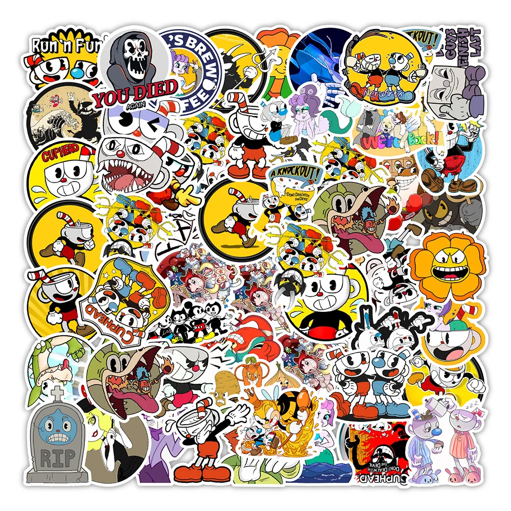 50PCS/Pack Hot Games Cuphead Mugman Stickers For Laptop Notebook Skateboard Computer Luggage Decal Cartoon Sticker