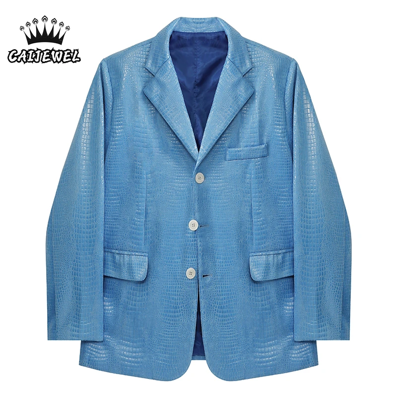 

Синий Женский блейзер с длинным рукавом, кожаная куртка, высококачественный шикарный дизайн, корейская мода, повседневные мешковатые офисн...