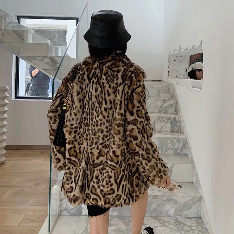 Womens tops and blouses real plus size 2020 winter coat Leopard print natural rabbit fur leather jacket women
