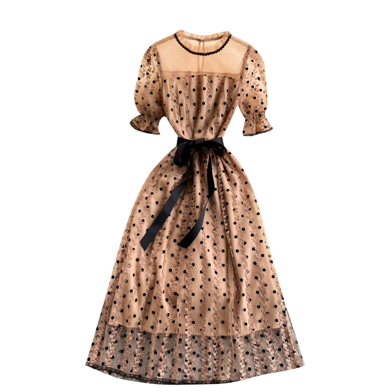 

2021 New Summer Vestidos Female Long Prom Dress Round Neck Puff Sleeve Perspective Polka Dot Mesh Slim Midi Dress DK190