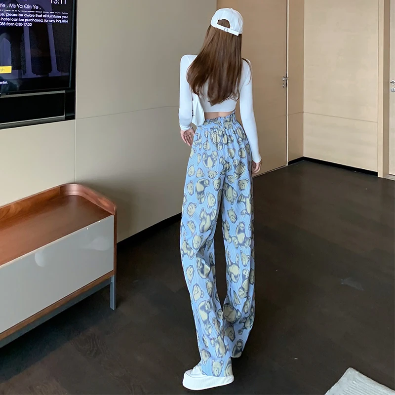 

New Summer Pants Women College Style Loose Trousers Female Cartoon Bear Print Vintage Elastic Waist Stripes Wide Leg Casual Pant