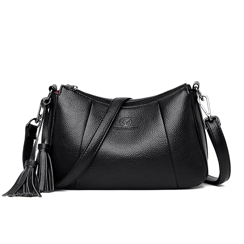 

Soft Leather Women Messenger Bag Casual Women's One-Shoulder Crossbody Bag Black bolsa feminina girl bag handbag purse Tassels