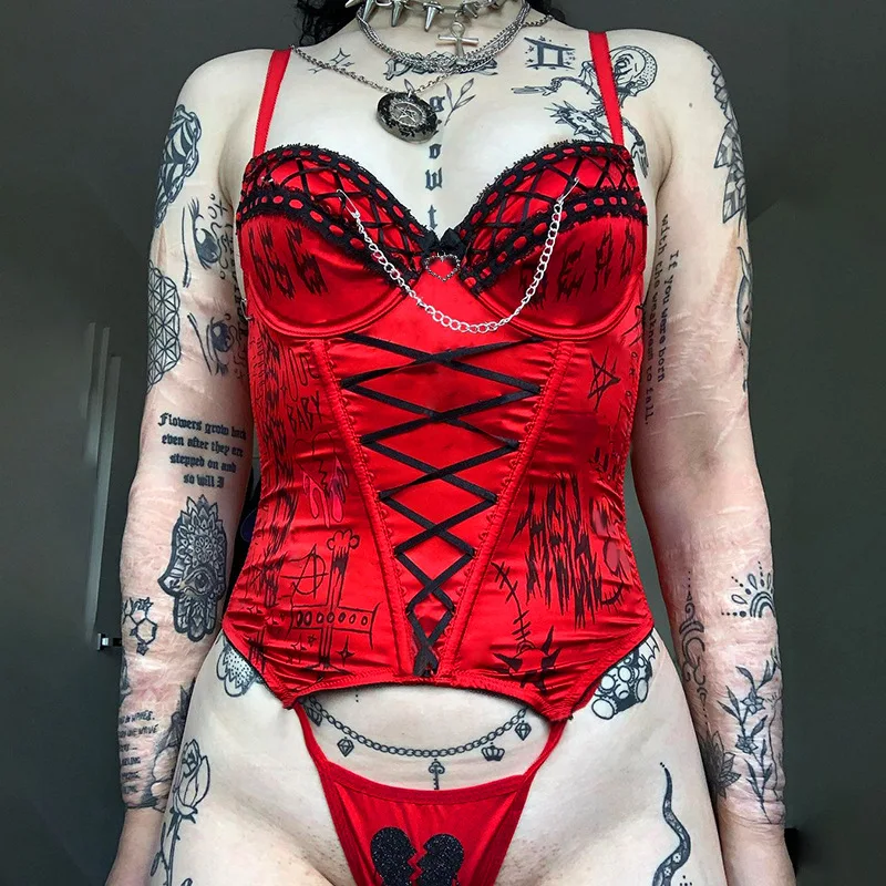 

New Gothic Sexy Lace Up Red Camis Corset Aesthetic Emo Letter Print Backless Crop Tops Y2K Grunge Punk Chain Summer Camisole