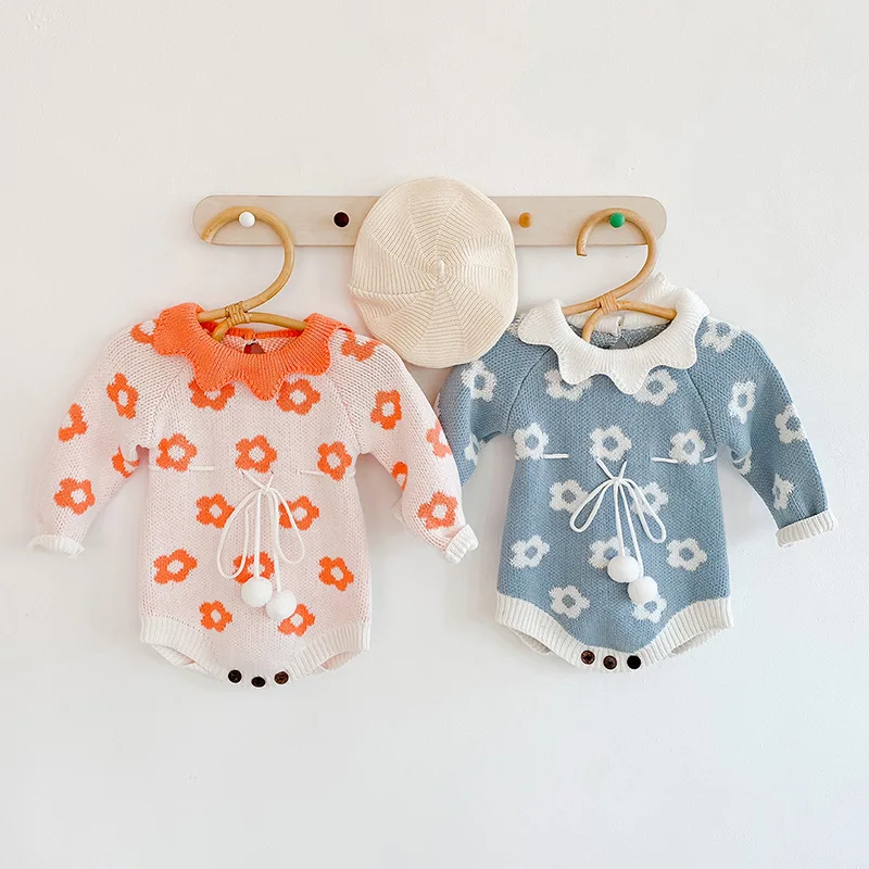 

Ma&Baby 0-24M Autumn Winter Infant Newborn Baby Girl Knitted Romper Flower Pom Pom Jumpsuit Warm Long Sleeve Baby Clothes
