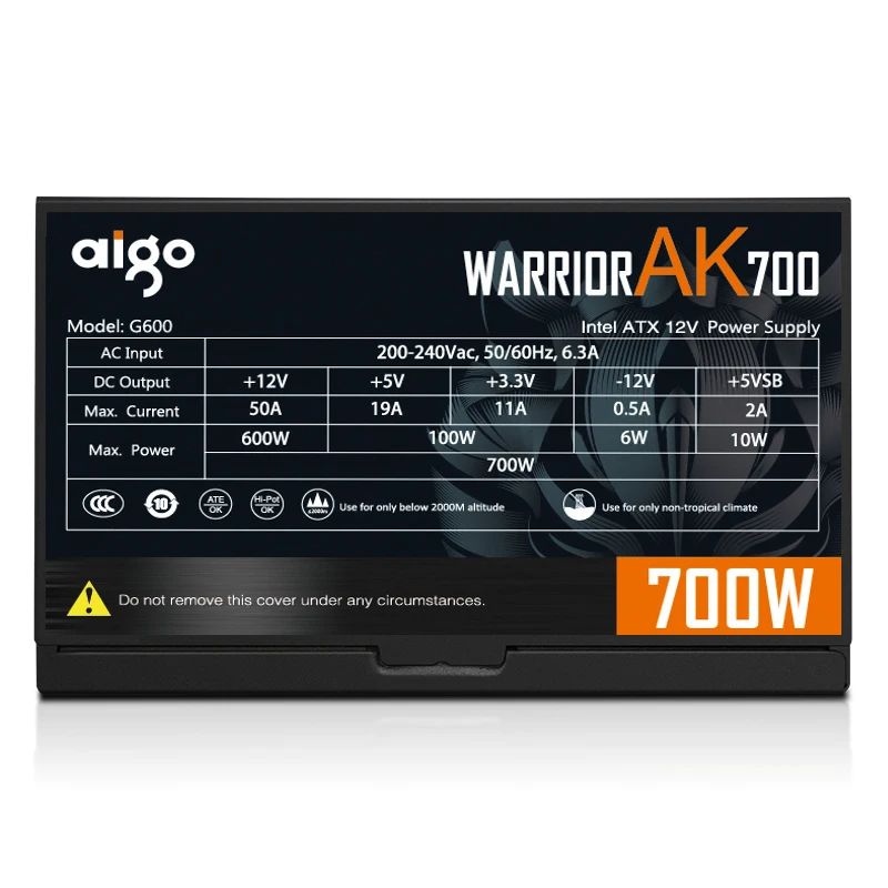 Блок питания Aigo AK для ПК 700 Вт черный тихий блок игр 120 мм rgb вентилятор 24 контакта 12