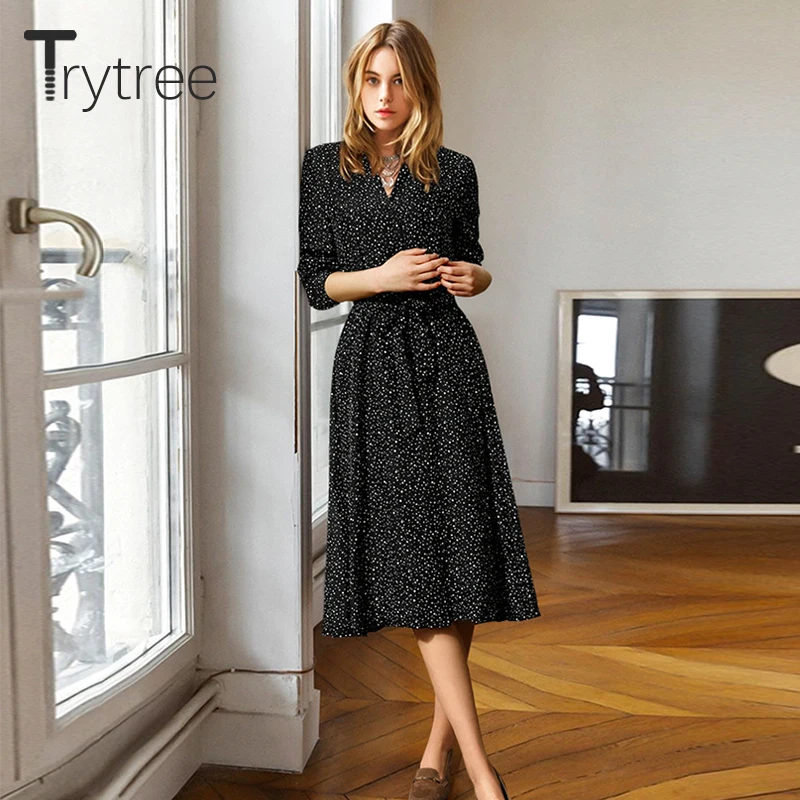 Женское Повседневное платье Trytree повседневное однобортное до середины икры с v