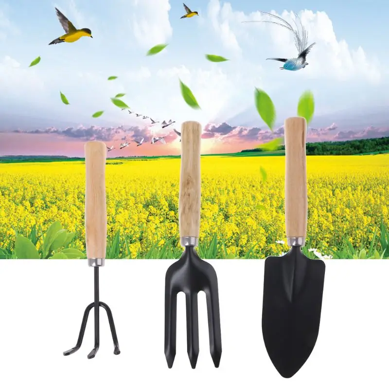 

3Pcs Spade Fork Shovel Rake Harrow Set Home Mini Gardening Tools Potted Landscape Plants Maintenance Suit Wood Handle Kids Gifts