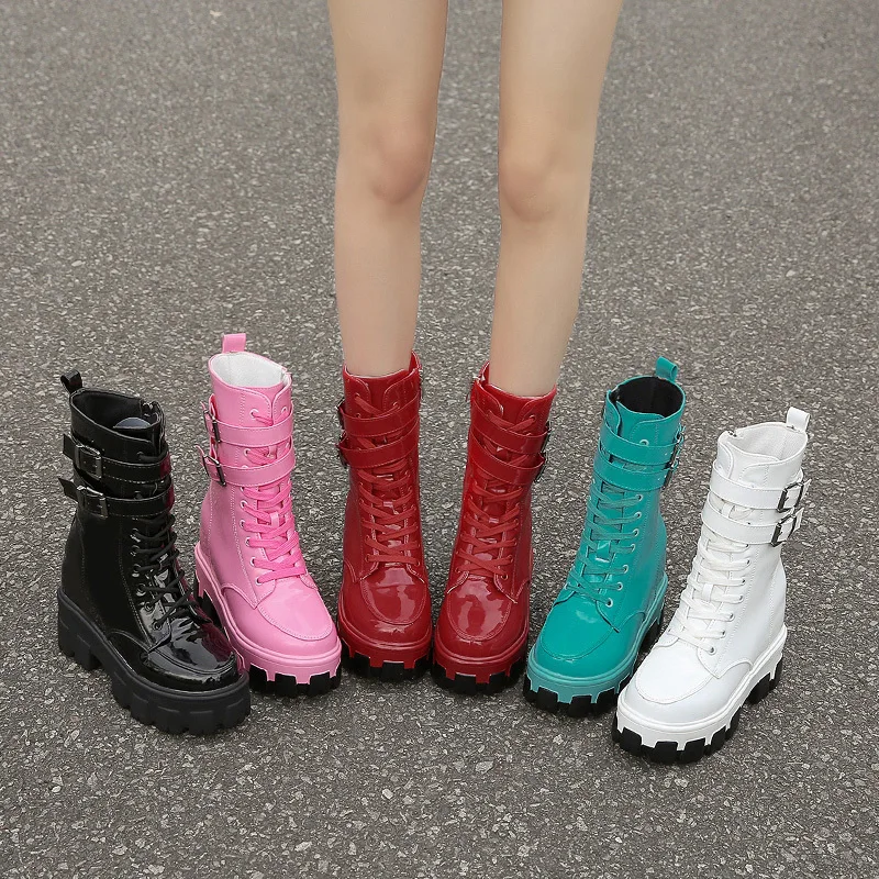 Женские ботинки из лакированной кожи на платформе 10 см|Сапоги до середины голени|