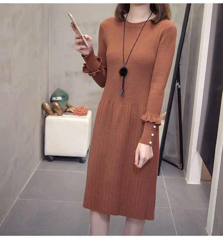 XL-4XL плюс размер женский свитер платье осень зима мода длинный рукав с бисером Высокая талия дамы плиссированные трикотажные платья