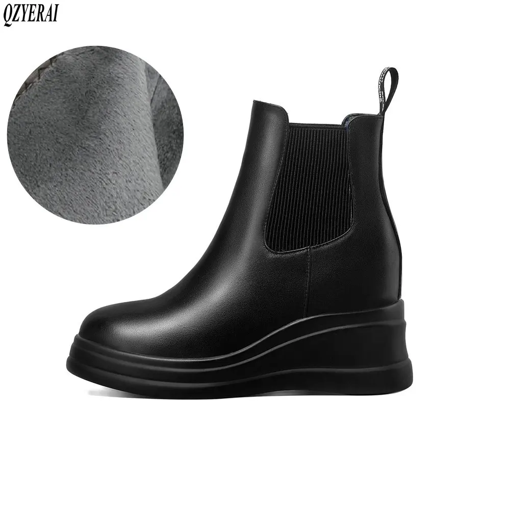 

New Winter women shoes natural Genuine leather Chelsea boots ankle bottom of thick Warm fur Female boots 100% cowhide snow boots