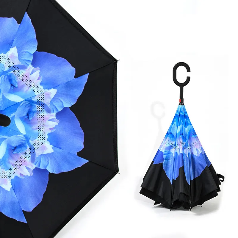 C образная рукоятка перевернутые ветрозащитные двухслойные дождевые зонты для