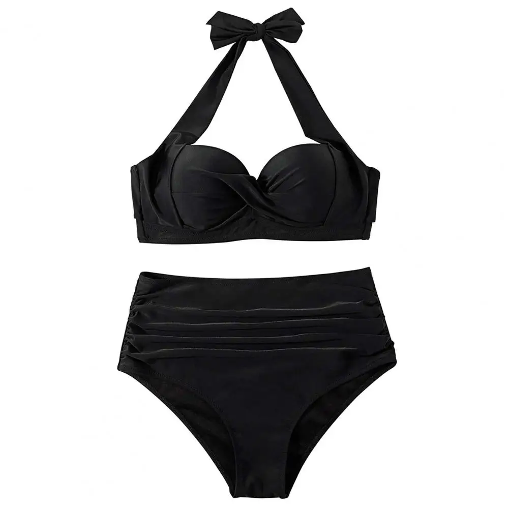 

2021 Summer Women Bikinis Set Solid Color Printing Pleated Front High Waist Halter Bikinis Push Up Bikini Set Beachwear