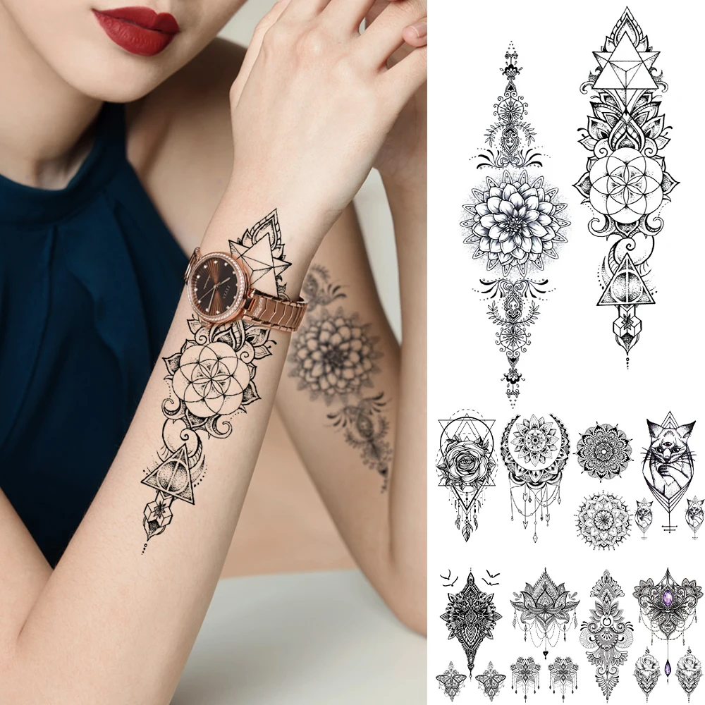 

Mehndi Black Totem Temporary Tattoos For Women Lady Girls Mandala Moon Cat Fake Jewelry Realistic Tattoo Sticker Body Art Tattos