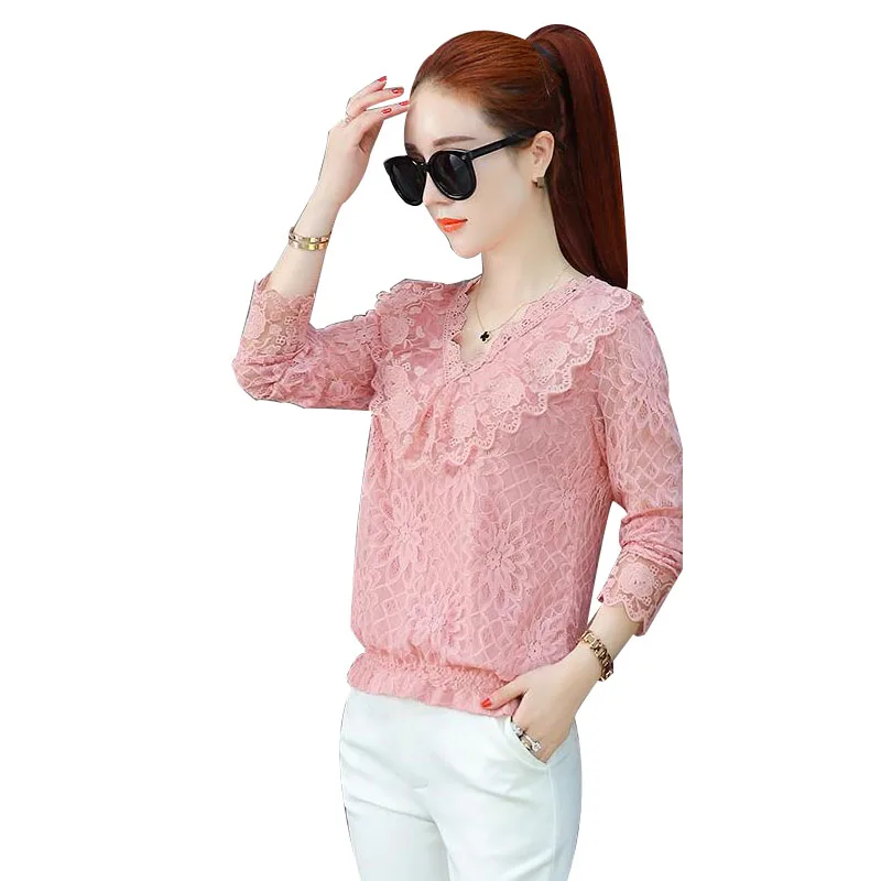 

Fashion Women Spring Autumn Style Chiffon Blouses Women Casual Long Sleeve V-Neck Hollow Out Lace Shirt Women Blusas Tops DF3584