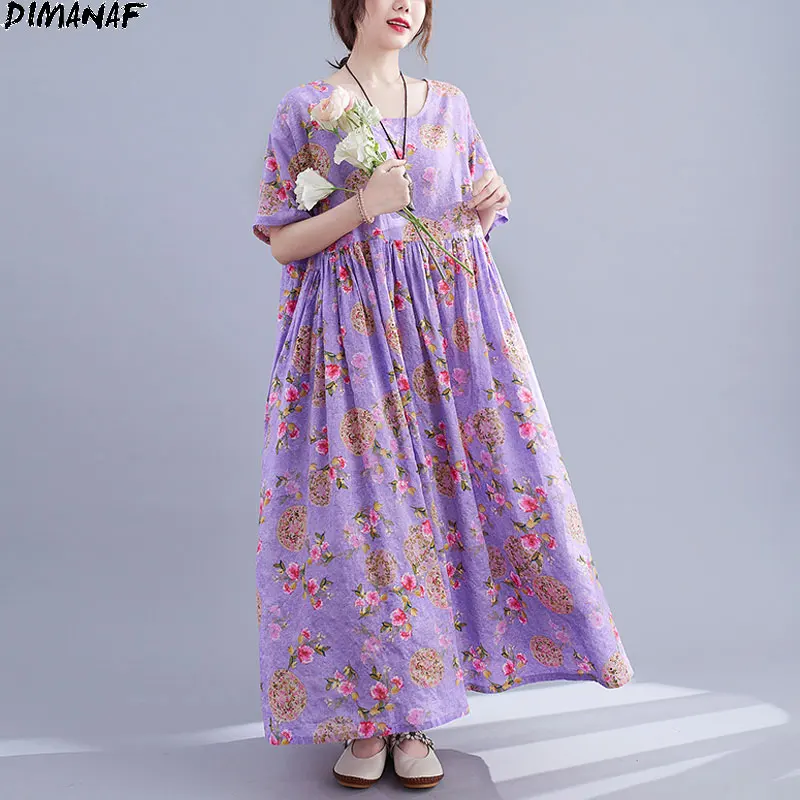 

DIMANAF 2021 Oversize Summer Dress Linen Women Sundress Beach Holiday Purple Floral Long Dress Vintage Style Oversize 4XL 5XL