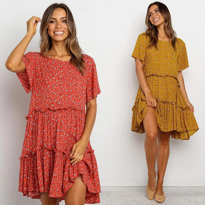 Boho Летнее платье с круглым вырезом и цветочным принтом женское мини-платье