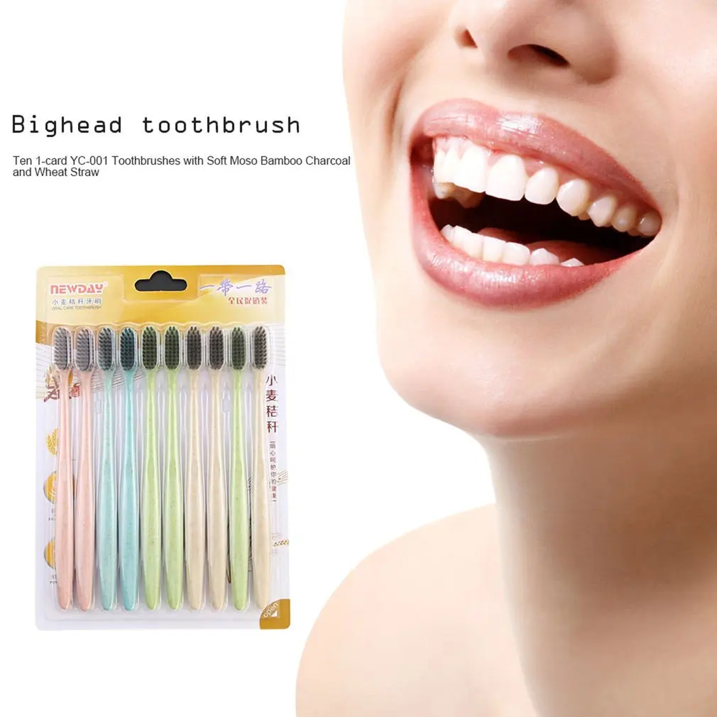 

10Pcs/Set Wheat Straw Handle Toothbrush Travel Bamboo Charcoal Toothbrush Tongue Cleaner Soft Portable Tool