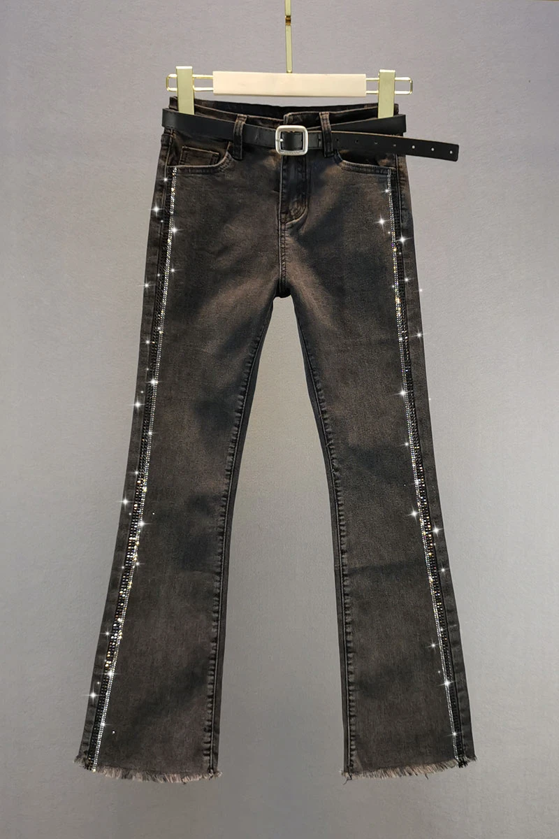 

Women's Cotton Elastic Jeans 2021 Spring New High Waist Slim Rhinestone Ankle-Length Bell-Bottoms Feamle Casual Jean Lady Pants