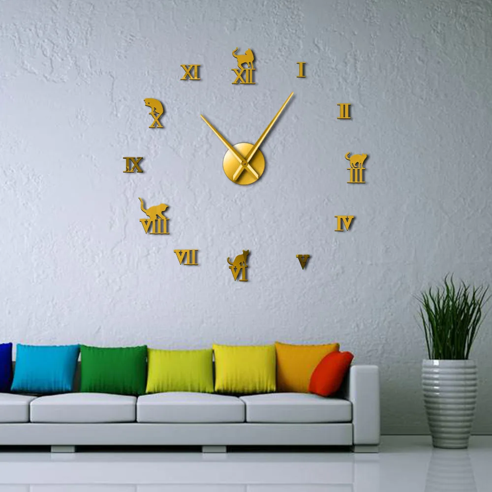 3D большие настенные часы DIY большие современные безрамные домашний декор кошка большие часы зеркало для спальни гостиной котята котенок Настенный декор