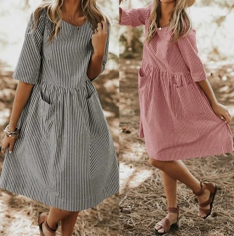 

Round neck striped summer dress, retro, medium sleeve, loose, casual