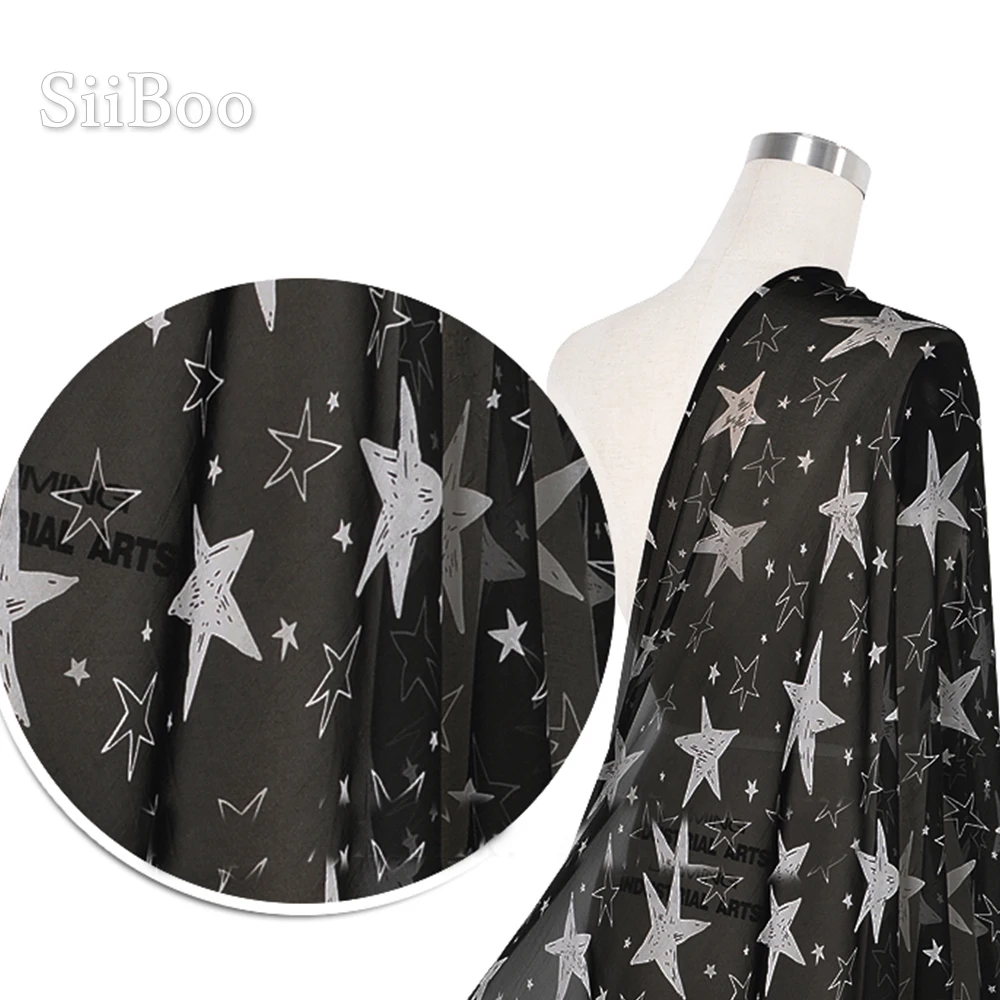 Black white star print 100% natural silk chiffon fabric for beach dress pure tissu telas tecidos stoffen fabrc 6mm SP5192 | Дом и сад