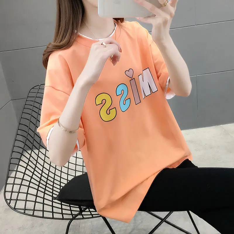 

Cotton short sleeve T-shirt women loose 2020 summer new Korean fake two short bottoming shirt half sleeve jacket ins tide