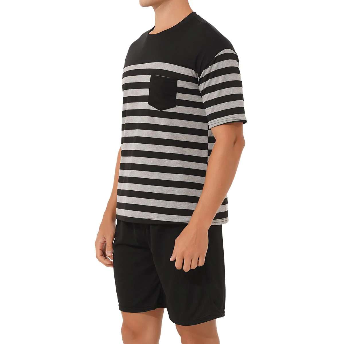 Men Striped Pajama Set Cotton Sleepwear Homewear Nightwear Round Neck Short Sleeve T-shirt with Drawstring Shorts