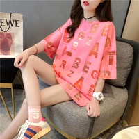 2670 summer full letter printed tee shirts women cotton casual loose tshirts ladies pink yellow t shirt female short sleeve top