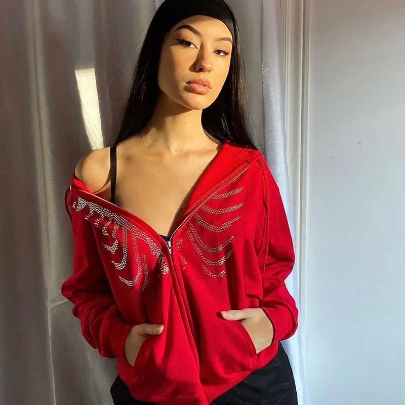 

European and American Fashion Long Loose Top Pants Hooded Zipper Women Sexy Gothic Dark Wind Sternum Hot Drilling Sportswear