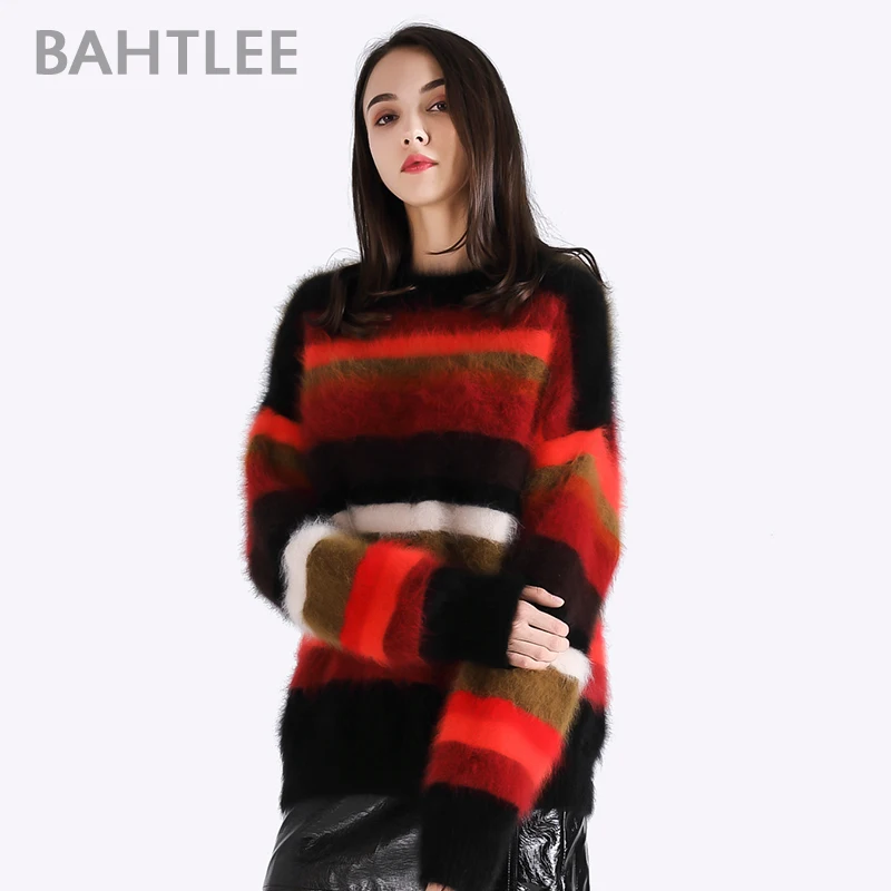 BAHTLEE Autumn Winter Women's Angora Rabbit Pullovers Knitting Sweater O-NECK Keep Warm Loosefir Rainbow | Женская одежда