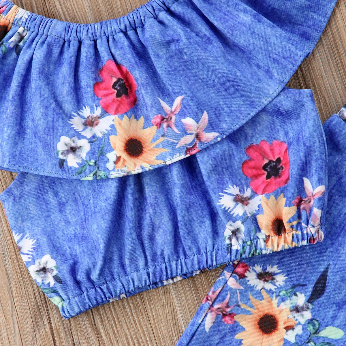 Girls Clothes Teen Cloth Jean Short Sleeves Denim Sun Flower Off Shoulder Tops Bell Bottom Pants 2pcs/Set 2018 Kid Autumn Suit | Детская