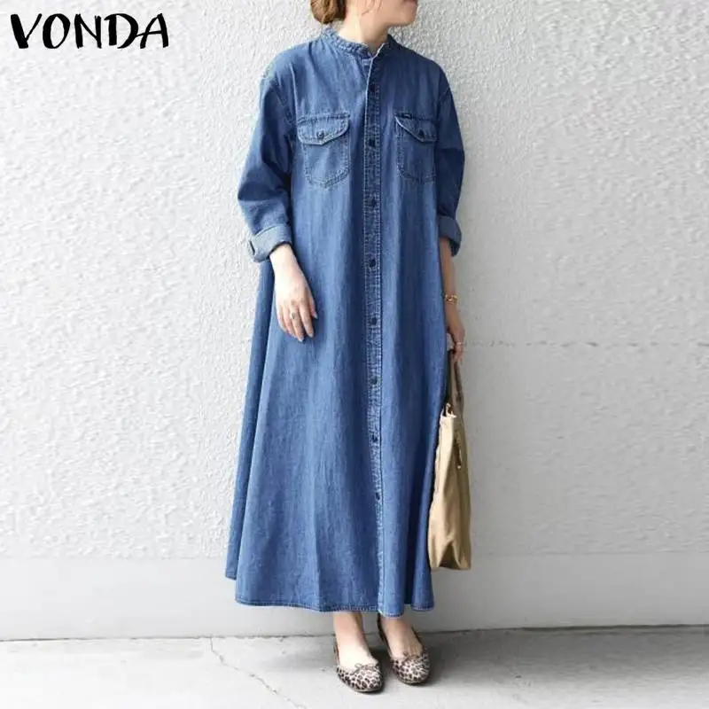 

VONDA Oversized Denim Dress 2021 Fashion Women Long Sleeve Solid Autumn Long Maxi Vestidos Bohemian Party Holiday Sundress Robe