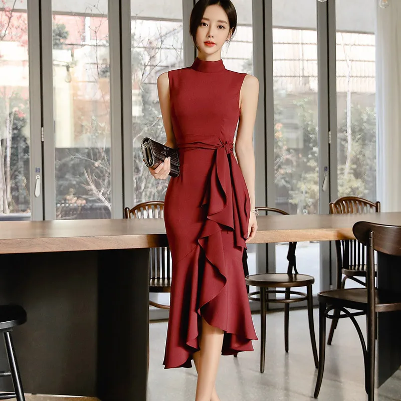 

2021 Summer Office Ladies' Sexy Dress Falbala Outfit New Korean Temperament Slim Lace-Up Dress Flounces Hip Fashionable Dresses