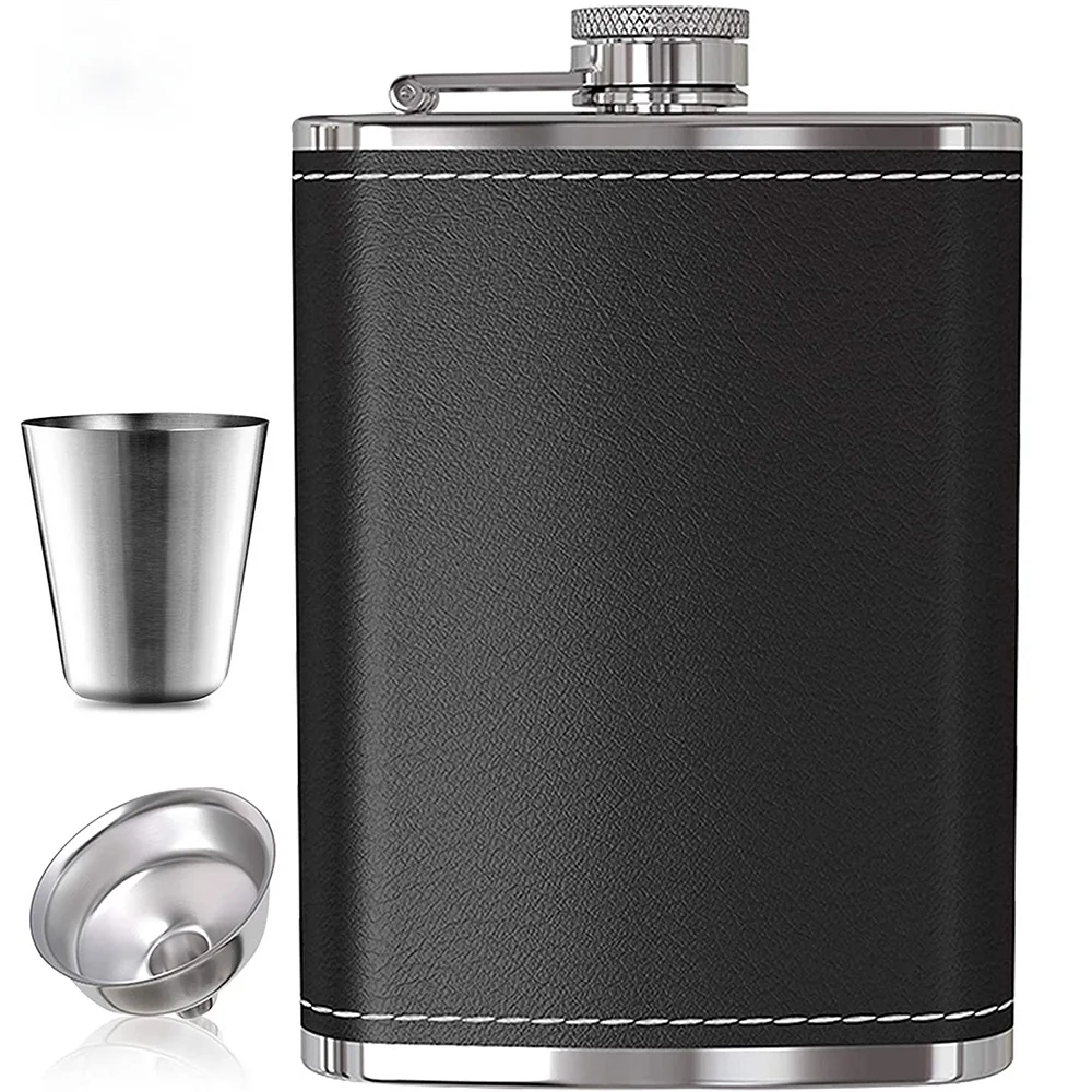 

7oz 8oz Portable Stainless Steel Hip Flask Flagon Whiskey Wine Pot Leather Cover Bottle + Funnel Travel Tour Drinkware Wine Cup