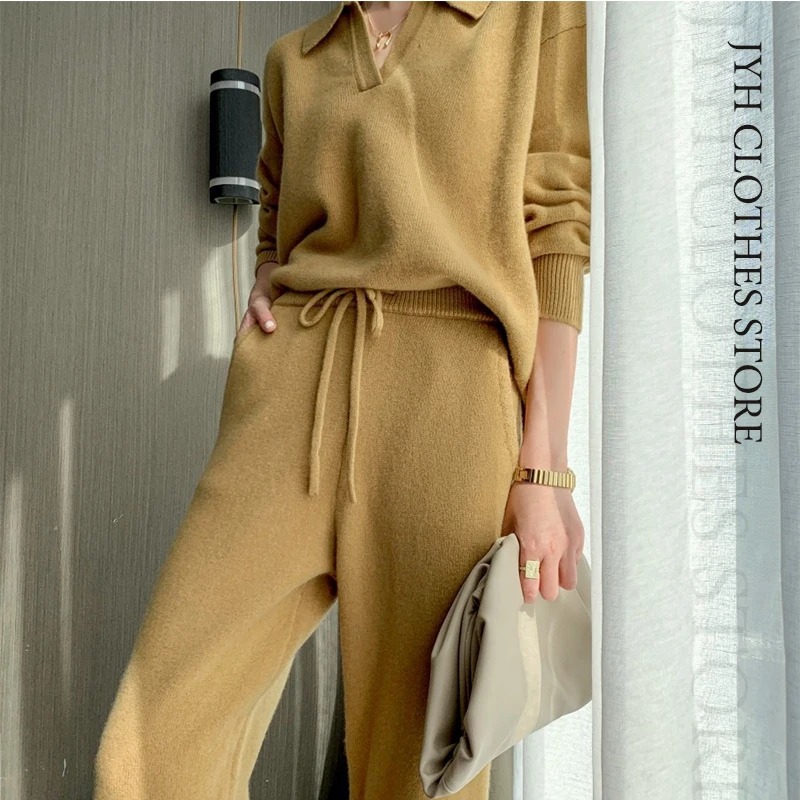 

Knit Wide-leg Pants Winter Knit Two Piece Set Women Harem Pant Suits New Loose Sweaters Jogging Knitted Tracksuit Outfits