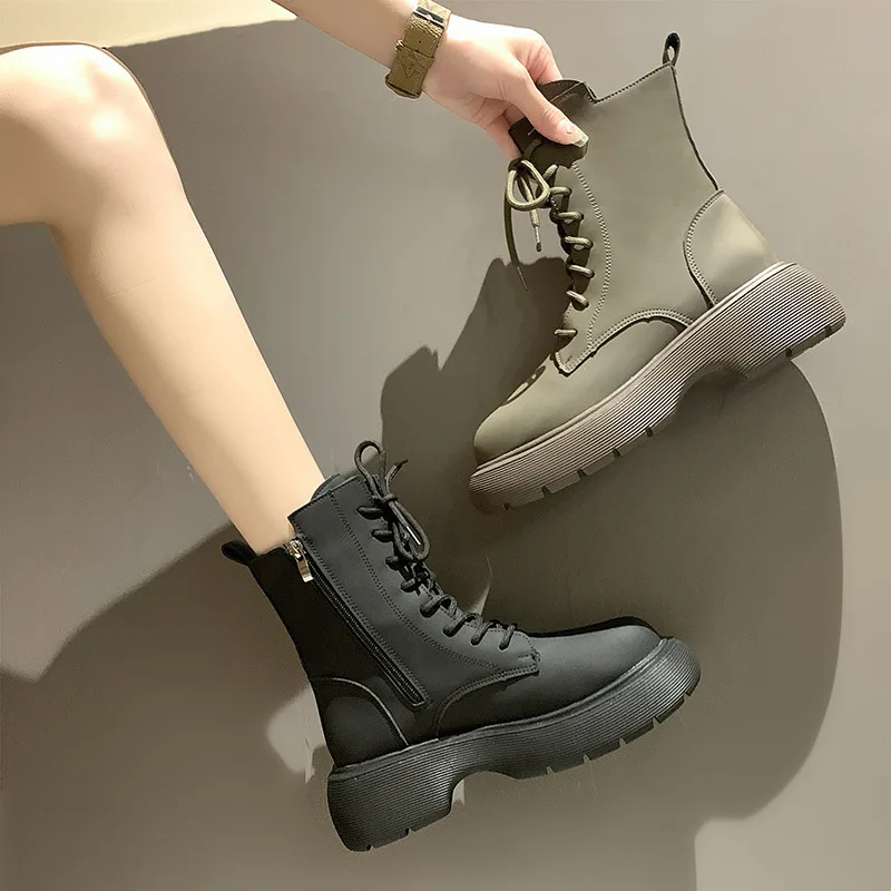 

Thick Soled Ladies Martin Boots Thin PU Leather Shoes Exquisite Women Chunky Shoes Fashion Femme Footwear Botas De Mujer Nonslip