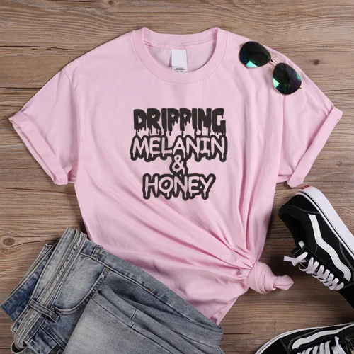 Женские футболки с надписью "Dropping Melanin honey" в стиле Харадзюку, хипстер, уличная хлопковая футболка, графическая футболка - Цвет: Pink-B
