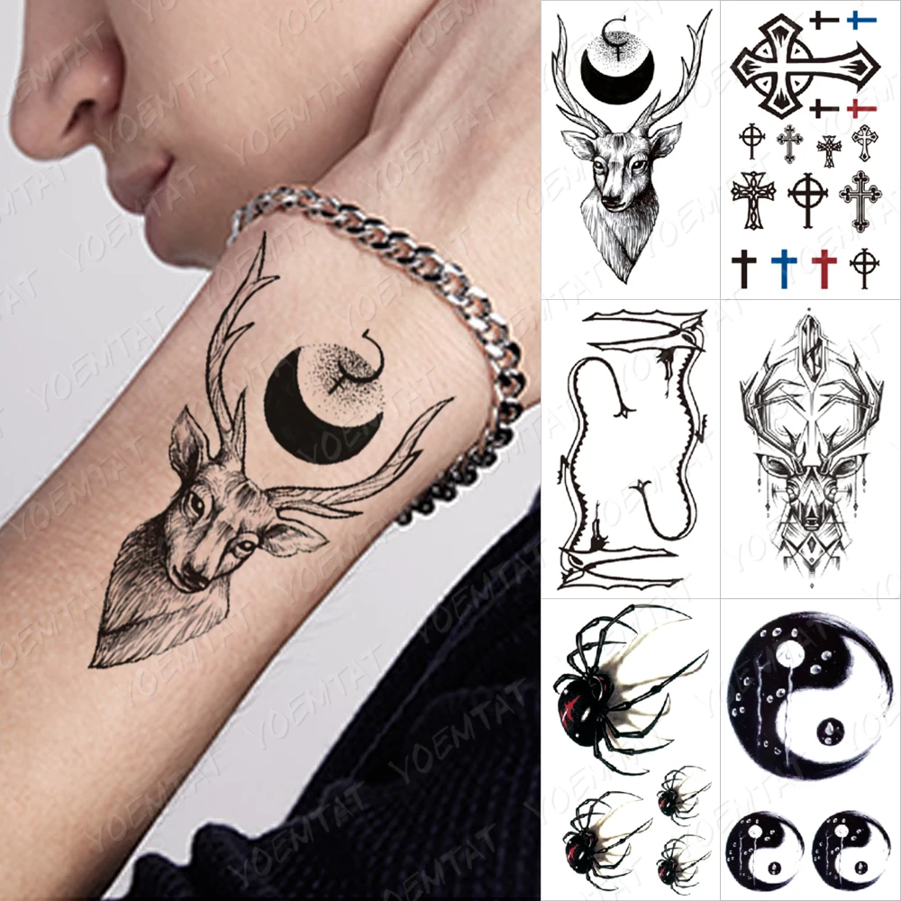 

Waterproof Temporary Tattoo Lasting Sticker Deer Cross Skeleton Spider Gossip Children Flash Body Art Cute Fake Tatto Female