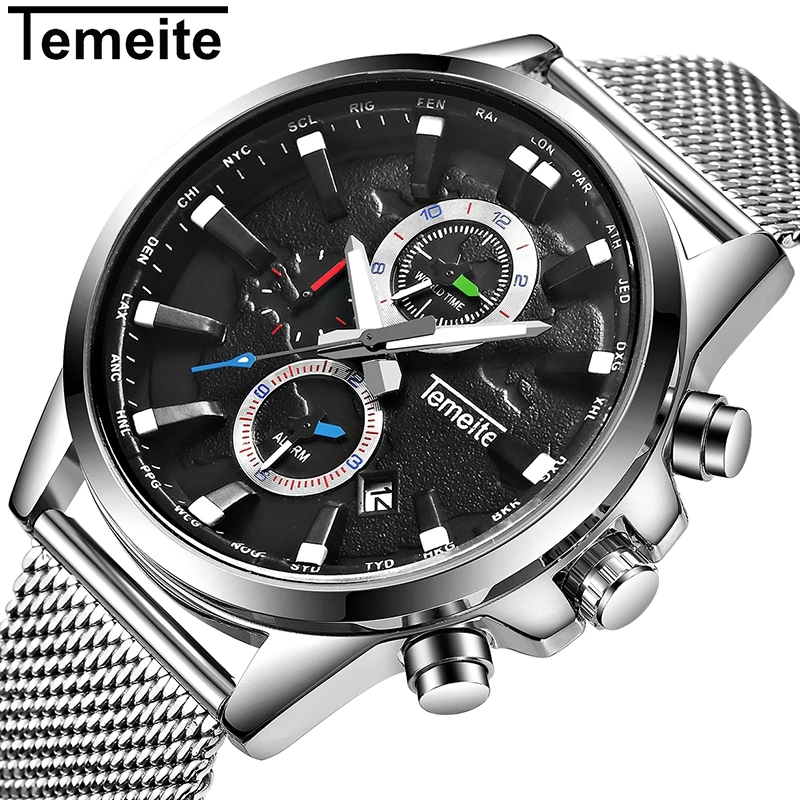 Мужские кварцевые часы TEMEITE водонепроницаемые 3 АТМ с сетчатым ремешком 2019 |