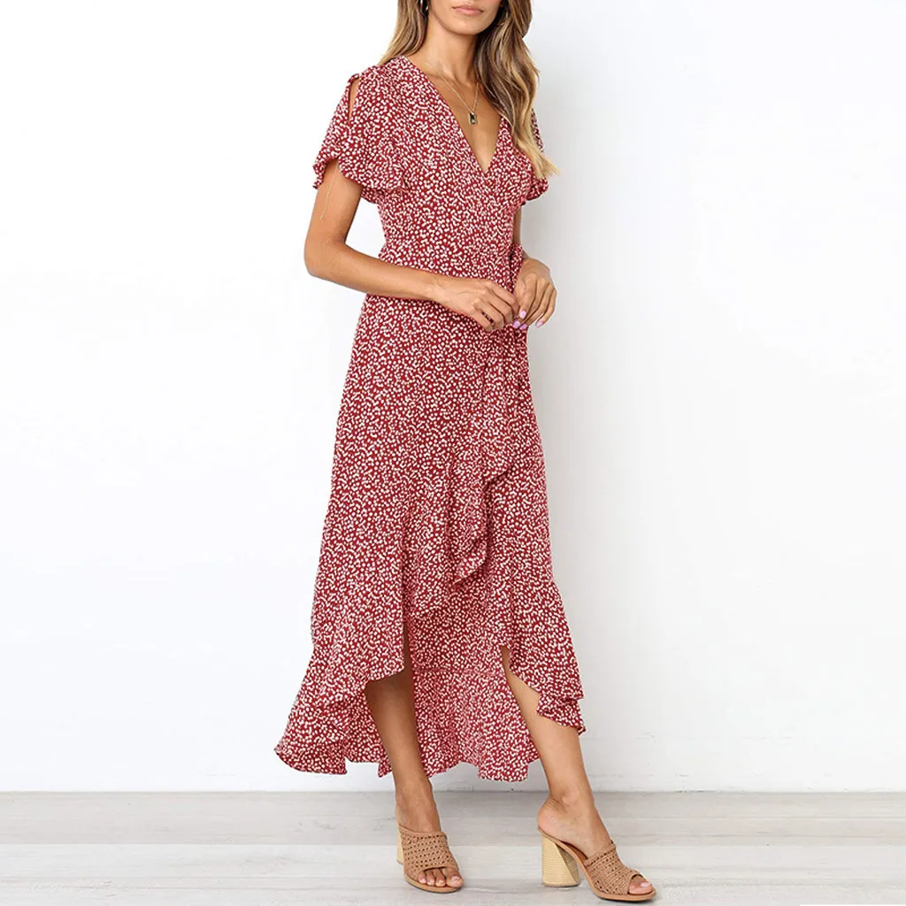 Женское длинное пляжное платье макси в стиле бохо шифоновое с цветочным принтом