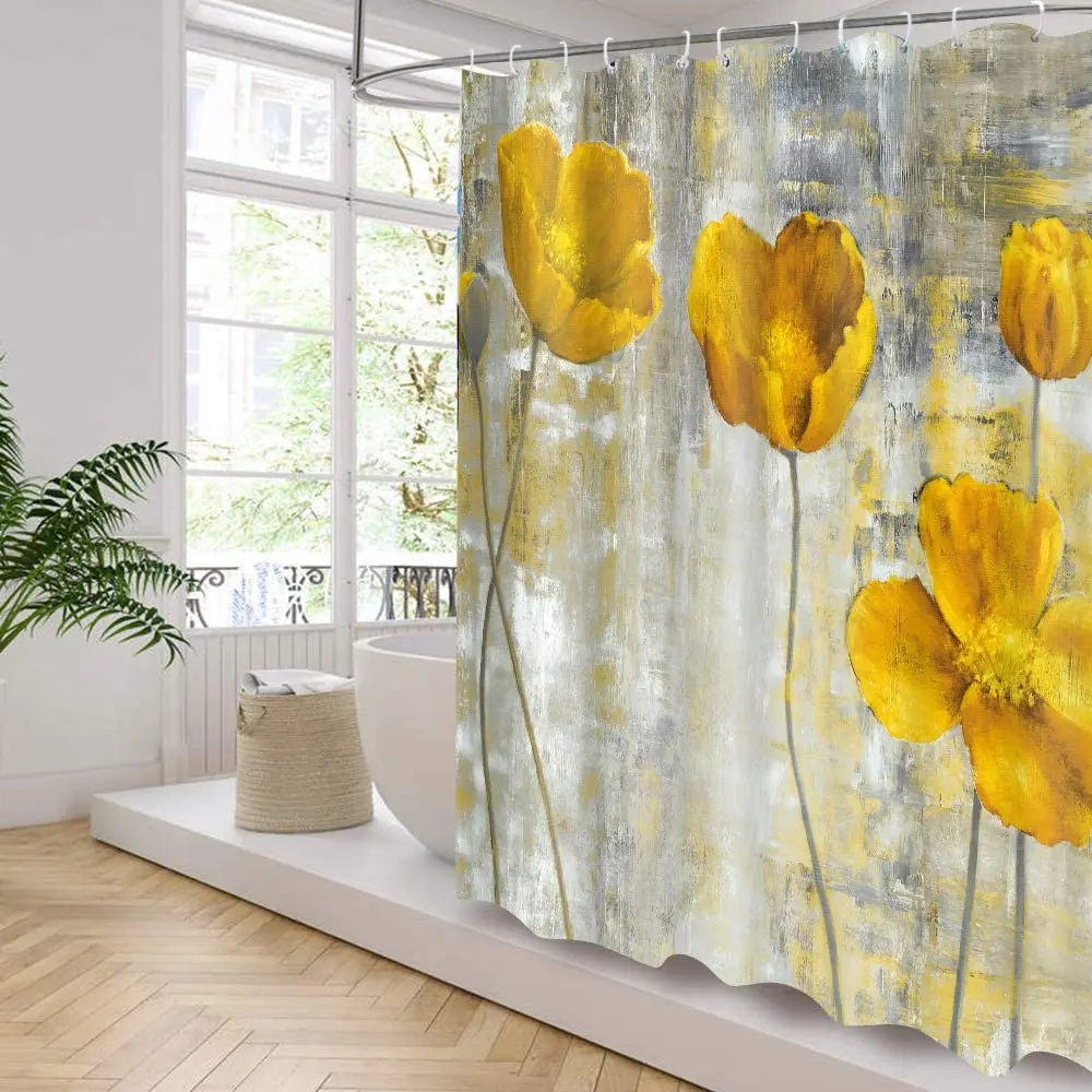 Занавеска для душа с желтыми цветами картина акварелью цветочный дизайн всей