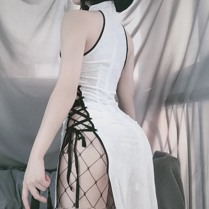 

Sexy Cosplay Costume Black White Cheongsam Erotic Ladies Babydoll Dress Bandage Outfit Fancy Slim Open Chest Uniform For Women