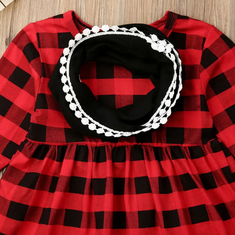 Xmas Dress Long Sleeve Plaids Kids Toddler Baby Girl Christmas Red Party Tutu Outfits + Scarf | Детская одежда и обувь