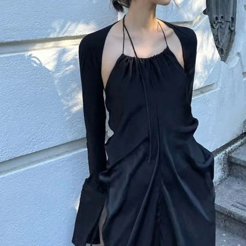 

DEAT Two-piece 2021 New Women Fashion Backless Sling Pleated Slim High Waist Dress And Black Long Sleeve Jacket Summer 7E1127