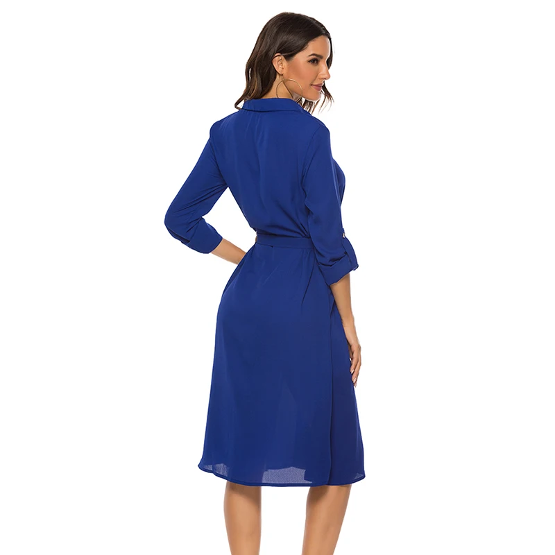 

Fashion Turn-down Collar Party Shirt Dress Women Solid Three Quarter Sleeve Spring Summer Dress Plus Size Casual Vestidos Robe