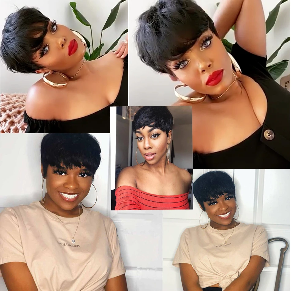 Короткий парик фея человеческие волосы прямые Remy бразильские для черных женщин