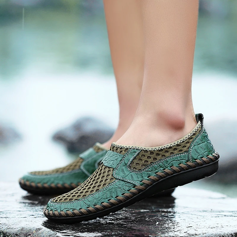 Summer Men's Shoes Loafers Breathable Casual Style Mesh Genuine Leather Brand Moccasins Man Soft Luxury Sneakers | Обувь