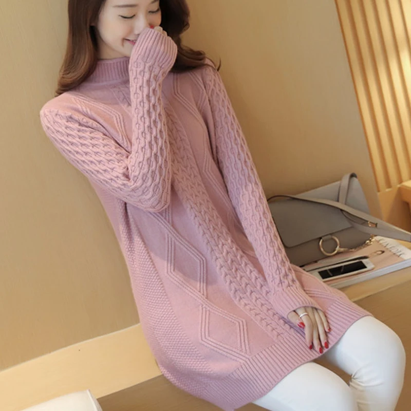 Осень зима 2019 женский свитер платье с длинным рукавом водолазка вязанные Топы