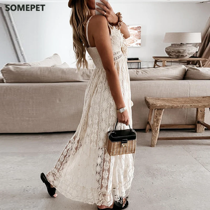 

Women Sexy V Neck Tassel Long Dress Summer Sleeveless Off Shoulder Party Dress Elegant Hollow Out Crochet Lace Beach Dress